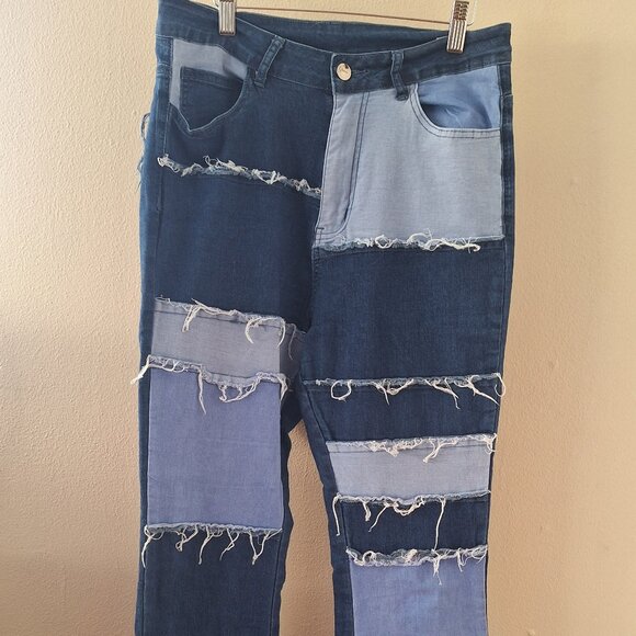 High Waist Patchwork Jeans frayed and flared Women's size 14. - Picture 1 of 5